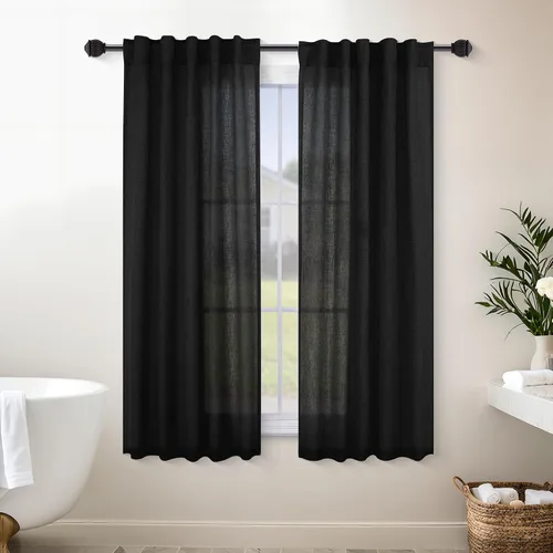 Vista 5 de Mrs.Naturall Cortinas negras de 45 pulgadas de largo, cortinas cortas de lino transparente para privacidad para cocina, dormitorio, ventanas