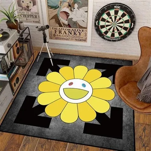 Vista 9 de 100x100cm (40x40 pulgadas) Alfombra de Takashi Murakami con diseño de flores, material suave y duradero para decoración del hogar y uso en la 02