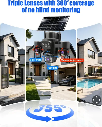 Vista 3 de 3-Lens Wireless Outdoor Camera for Home Security (3-Lens Black) Multi-lens+PTZ 360° Coverage,PIR Pro Motion Detection & Auto Tracking,Spotlight &