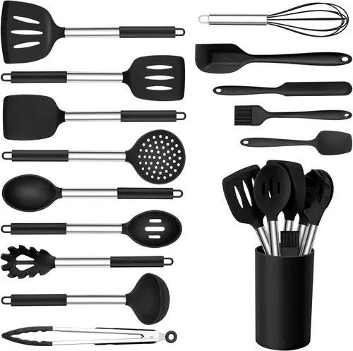Vista 16 de Onader Juego de 10 utensilios de cocina de silicona, con soporte y mango de acero inoxidable resistente al calor para utensilios de cocina Negro