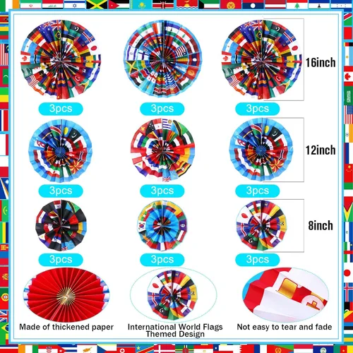 Vista 2 de Outus 9 banderas internacionales del mundo para decoración de aula alrededor del mundo, para colgar abanicos de papel, banderas de país, decoración