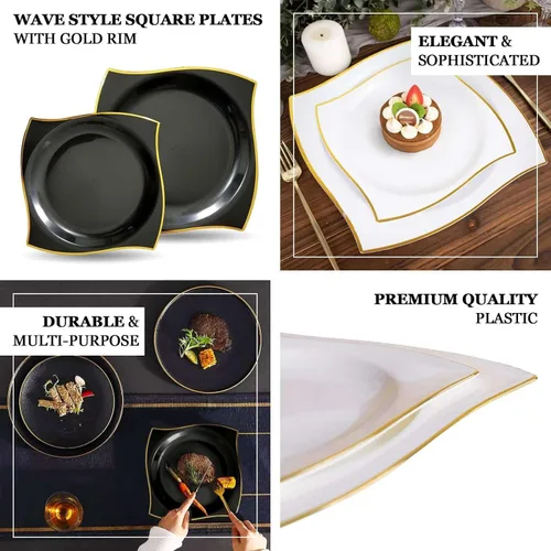 Vista 4 de Efavormart - Paquete de 10 platos cuadrados de postre de plástico con borde ondulado blanco y dorado de 8 pulgadas, elegante vajilla desechable