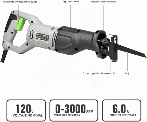 Vista 4 de Sierra de vaivén 6A con cable de velocidad variable para PVC de madera y metal 3000SPM, longitud de carrera de 4/5", profundidad máxima de corte