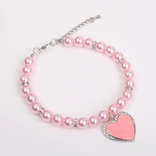 Vista 5 de Collar de perlas de perro y gato con diamantes de imitación, dije de corazón con dije de corazón para mascotas y cachorros (S, rosa)
