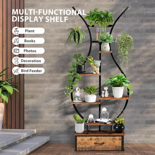 Vista 6 de Soporte para plantas de interior de 7 niveles con ganchos y cajón para colgar, soporte de esquina en forma de jarrón de 68.1 pulgadas de alto