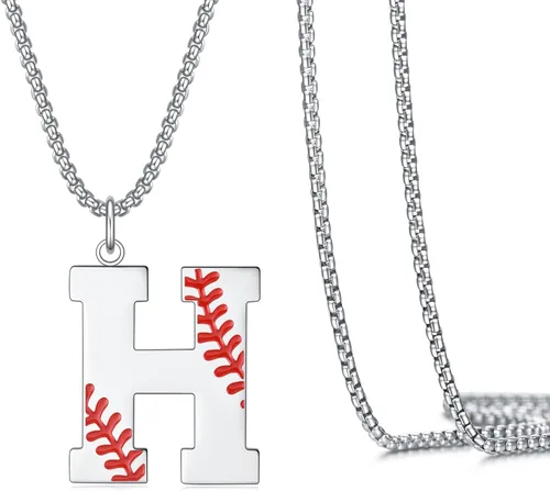 Vista 15 de VEEHOO Collar de béisbol para hombres y niños, letra inicial de la A a la Z, joyería de béisbol con colgante de joyería de béisbol para niños