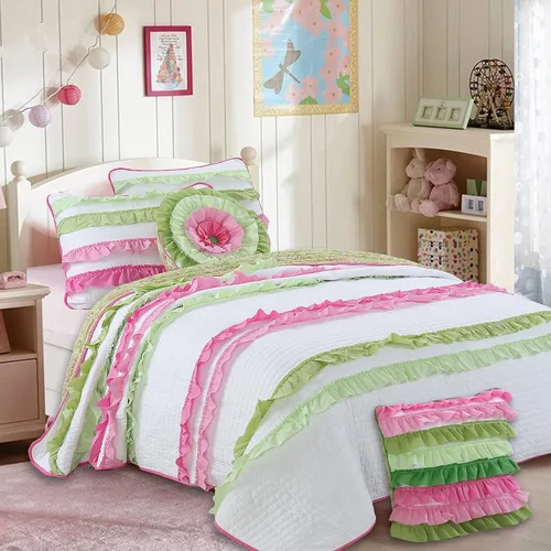 Vista 2 de Cozy Line Home Fashions Juego de ropa de cama reversible de 100 % algodón con volantes, color rosa y verde (flamenco, individual, 2 piezas)