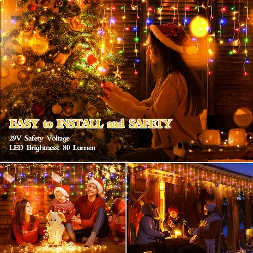Vista 7 de FLVOECN 480 luces LED de Navidad de 49 pies, enchufables, 8 modos con temporizador, luces de hielo regulables, para exteriores, impermeables