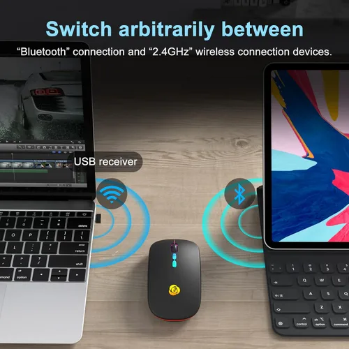 Vista 2 de CC Store Ratón Bluetooth inalámbrico LED y conexión instantánea de 2.4 GHz, recargable ultra silencioso, delgado, 3 DPI ajustables, 2 modos