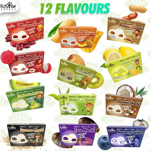 Vista 6 de Paquete de 8 variedades de Mochi japonés: Té de leche Boba, Taro, Sésamo, Hamimelón, Lichi, Té verde, Maní y Frijol rojo en caja de regalo de Fusion