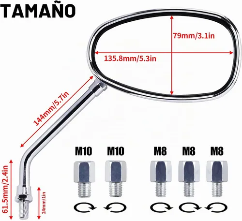 Vista 2 de ORAEVY - Espejos retrovisores universales de 10 mm, 8 mm, cromados para motocicleta, para extremo de manillar