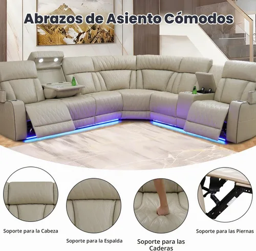 Vista 4 de Juego de sofá modular reclinable eléctrico para sala de estar, juego de sofá reclinable de cuero con luces LED / almacenamiento oculto, sofá