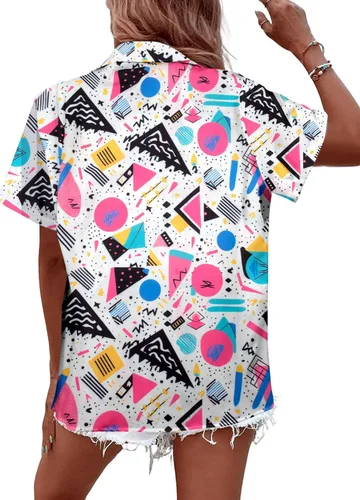 Vista 5 de Trajes de los años 80 para mujer, camisa de neón de los años 80 y 90, camisa retro para fiesta temática de discoteca, camisa hawaiana con botones
