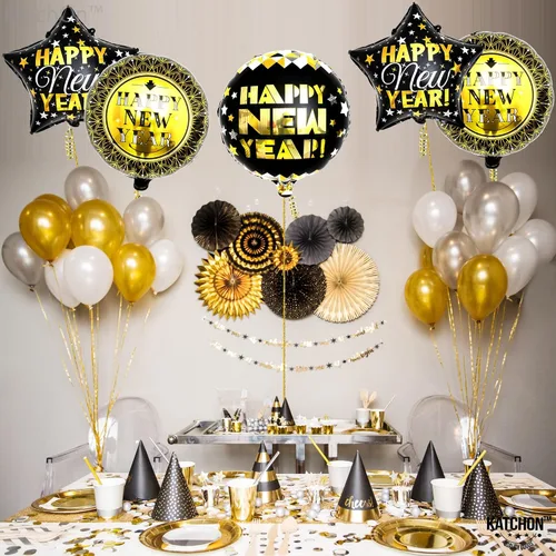 Vista 7 de KatchOn, Globos negros y dorados de Año Nuevo – 18 pulgadas, paquete de 5 Globos de feliz año nuevo para suministros de fiesta de Año Nuevo 2025