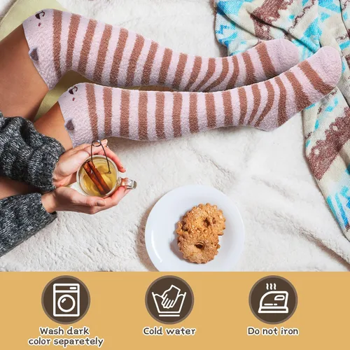 Vista 7 de 4 pares de calcetines peludos hasta el muslo para mujer, lindas medias de dibujos animados por encima de la rodilla, esponjosas, con rayas Kawaii