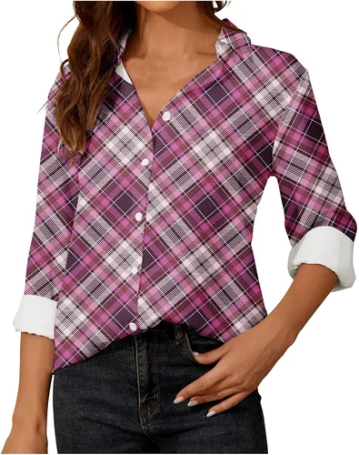 Vista 2 de oelaio Womens Long Sleeve Flannel Shirts Plaid Flannels Lapels Collared Button Down Shacket Casual Rolled Up Boyfriend
