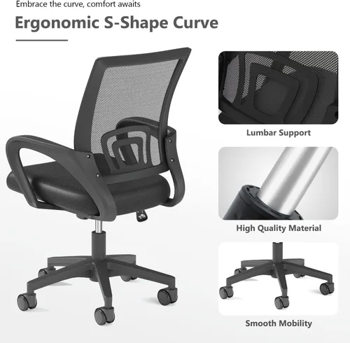 Vista 6 de OS MOTOR Silla de oficina en casa, silla de escritorio ergonómica de malla Negro