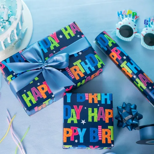 Vista 7 de Garbendy Papel de regalo de cumpleaños – Mini rollo – 17 pulgadas x 16.5 pies – Coloridas letras felices en papel azul papel de regalo perfecto