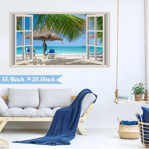 Vista 8 de Adhesivo de pared de playa 3D falso para ventanas, calcomanías de pared de paisaje marino de playa, calcomanías extraíbles 3D para paredes de Blue