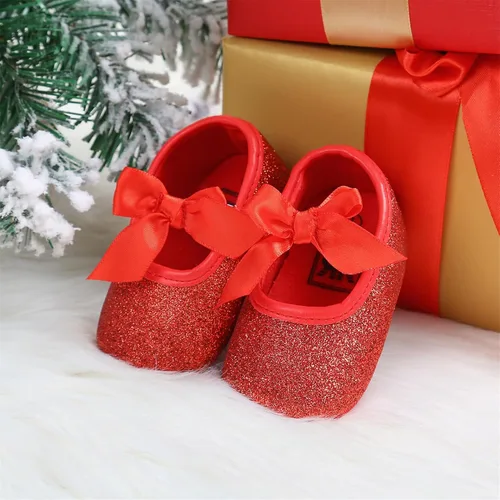 Vista 3 de Zapatos planos Mary Jane para bebé niña, con lazo brillante, vestido de princesa, zapatos de cuna antideslizantes para niños pequeños que caminan