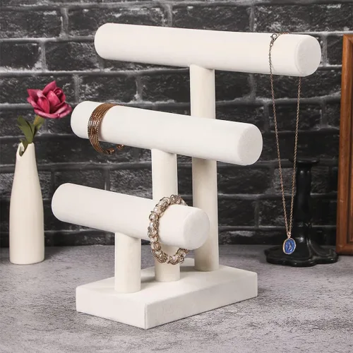 Vista 5 de Pangkeep Soporte de pulsera de 3 niveles, exhibiciones de pulseras para vender, soporte de exhibición de joyas beige para brazaletes, collares