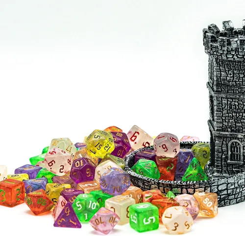 Vista 8 de Juego de 10 dados poliédricos DND (70 piezas) con 2 bolsas de cuero, juego de dados D&D para Calabozos y Dragones, juegos de mesa RPG