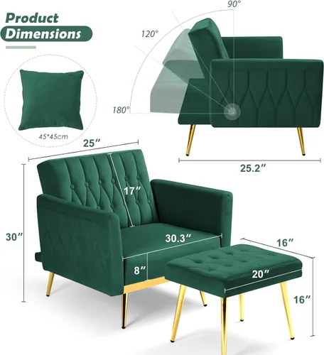 Vista 3 de Silla decorativa de terciopelo con respaldo y reposabrazos ajustables, color verde