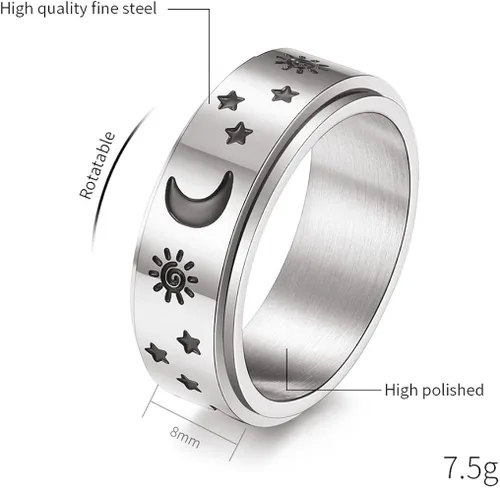 Vista 3 de Anillos giratorios de acero inoxidable de titanio con estrella de luna negra para mujeres, hombres, adolescentes, niñas, delicados anillos