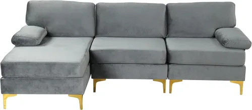 Vista 4 de Sofá modular moderno en forma de L, con diván extra ancho y patas doradas Gris
