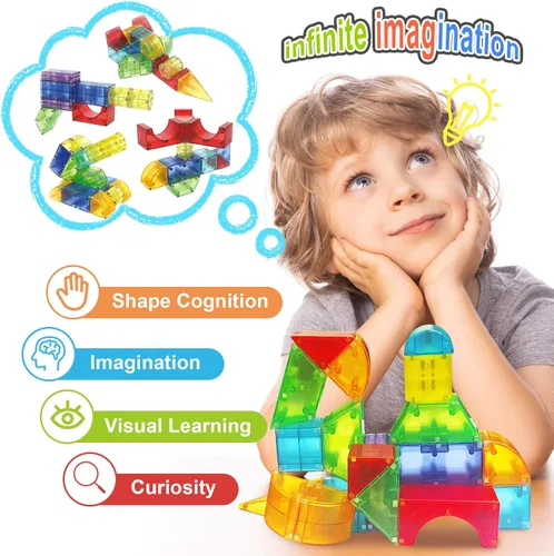 Vista 6 de Huaker Bloques Magnéticos, 66 PIEZAS Juguetes de Construcción Translúcidos para Niños de 3+, Bloques de Construcción Magnéticos de Varias Formas