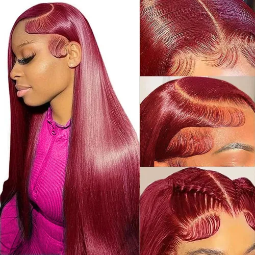 Vista 9 de Pelucas de cabello humano con encaje frontal color borgoña 99J de 13 x 4, pelucas de encaje frontal lacio prearrancado, pelucas de cabello humano