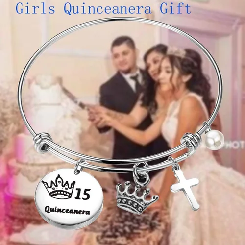 Vista 4 de FEELMEM Quinceañera - Pulsera de 15 cumpleaños para niñas y niñas 15 años de quinceañera brazalete de alambre expandible joyería de membrillo