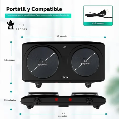 Vista 3 de CUKOR - Quemador de encimera doble de hierro fundido, quemador de encimera de 1800W, quemadores eléctricos dobles, quemador eléctrico portátil