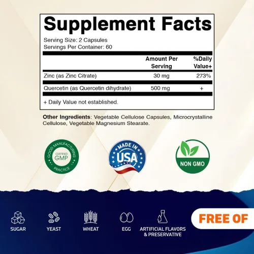 Vista 2 de Vitamatic Quercetina de zinc - 120 cápsulas vegetarianas - Citrato Zic 30 mg y quercetina 500 mg por porción - Apoyo inmunológico