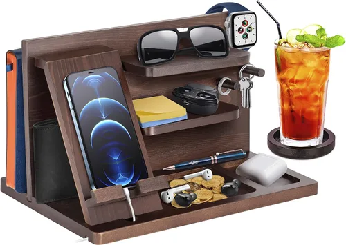 Vista 13 de Regalos para hombres, organizador de mesita de noche, estación de acoplamiento de teléfono de madera, regalos de cumpleaños de papá para él, mesita