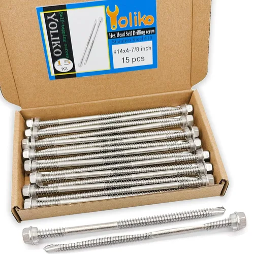 Vista 10 de Tornillos autoperforantes de cabeza hexagonal de arandela #14 x4 (1" a 4-7/8" disponibles), acero inoxidable 410, tornillos Tek de chapa