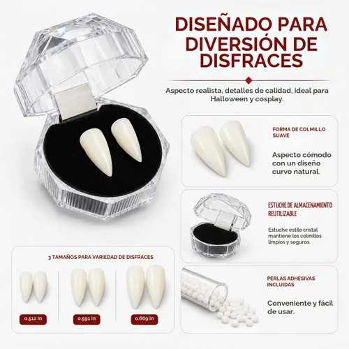Vista 5 de COOLJOY 3 tamaños de dientes de vampiro con colmillos adhesivos para cosplay de Halloween, dientes falsos blancos de terror, accesorios
