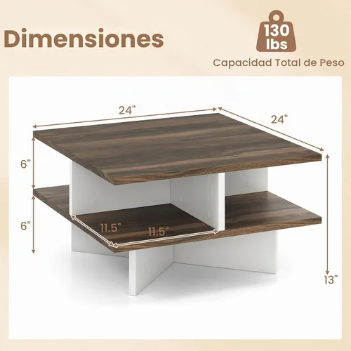Vista 2 de Giantex Mesa auxiliar cuadrada, mesa central moderna de mediados de siglo con 4 compartimentos de almacenamiento y base en forma de cruz, mesas