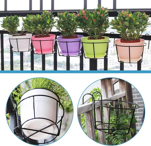 Vista 4 de Leoenir Paquete de 4 macetas redondas para colgar – soporte de metal para balcón y valla (negro)