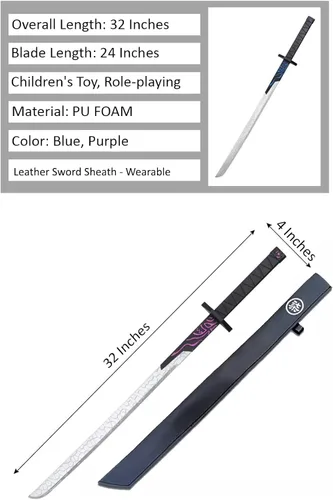 Vista 2 de Espada de anime japonés Samurai Pu de 32 pulgadas, espada de anime ninja Katana juguete para adolescentes, adultos, jugar, esgrima, diversión