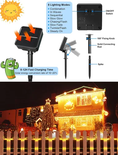 Vista 12 de KerKoor, luces de cuerda solar para exteriores, impermeables, 100 luces LED alimentadas por energía solar, luces de hadas para decoración