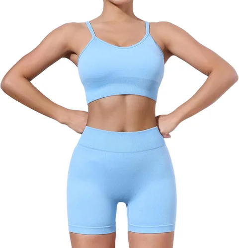 Vista 2 de HORISUN Women Workout Sets 2 Piece Yoga Outfits Seamless Ribbed Sports Bra Crop Tank Top High Waist Biker Shorts Exercise Set
