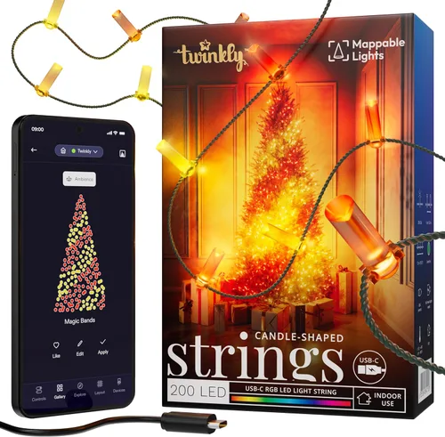 Vista 11 de Twinkly Strings - Cadena de luces en forma de vela USB-C con 100 LED RGB, 20 pies. Cable verde. Controlado por aplicación. Alimentado por USB-C.