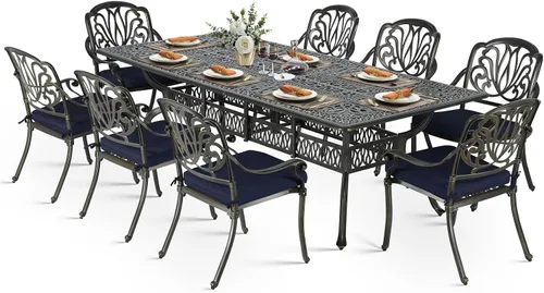 Vista 10 de VIVIJASON Juego de comedor al aire libre de 9 piezas, juego de mesa y sillas de patio de aluminio fundido para 8, incluye mesa rectangular de 94.5