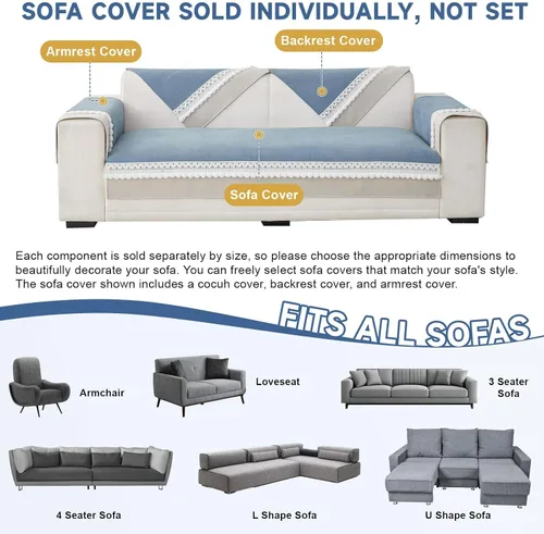 Vista 5 de VClife Funda para Brazo de Sofá Antideslizante Azul Fundas para Reposabrazos para Reclinable, Sillón, Sofá de Dos Plazas y Sofá 1 Pieza Funda Suave