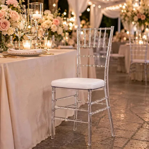 Vista 8 de FOH Juego de 3 sillas Chiavari de acrílico transparente con cojines, silla de comedor de cristal transparente totalmente montada, sillas fantasma