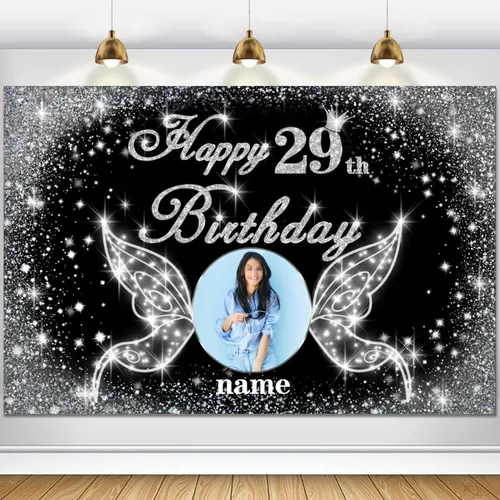 Vista 8 de Cartel personalizado de decoración de fiesta de cumpleaños número 100 - tema de alas de ángel - negro y plateado HY-NLK-100º