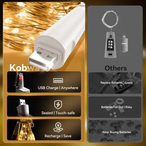 Vista 3 de Luces para botellas con corcho, luz recargable por USB, para botella de vino, funciona con pilas, guirnalda de luces mejoradas 2025