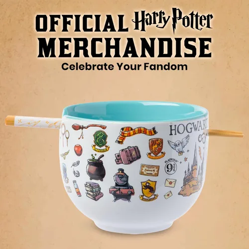 Vista 5 de Silver Buffalo Harry Potter Icons, cuenco de ramen con palillos, 20 onzas Harry Potter Hogwarts Iconos