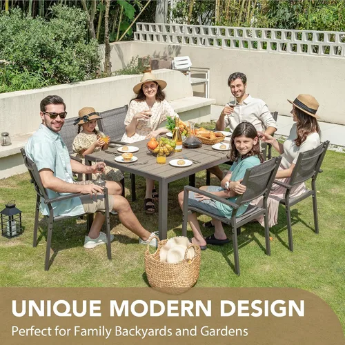 Vista 7 de Devoko Juego de comedor para patio, 7 piezas, muebles de exterior con mesa rectangular y 6 sillas apilables, juego de conversación familiar para Gris